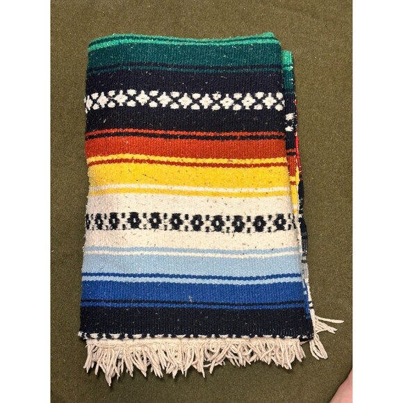 Vintage Mexican Serape Blanket 1950's Striped Wool Blend Traditional 54 x 76 in - Picture 1 of 7